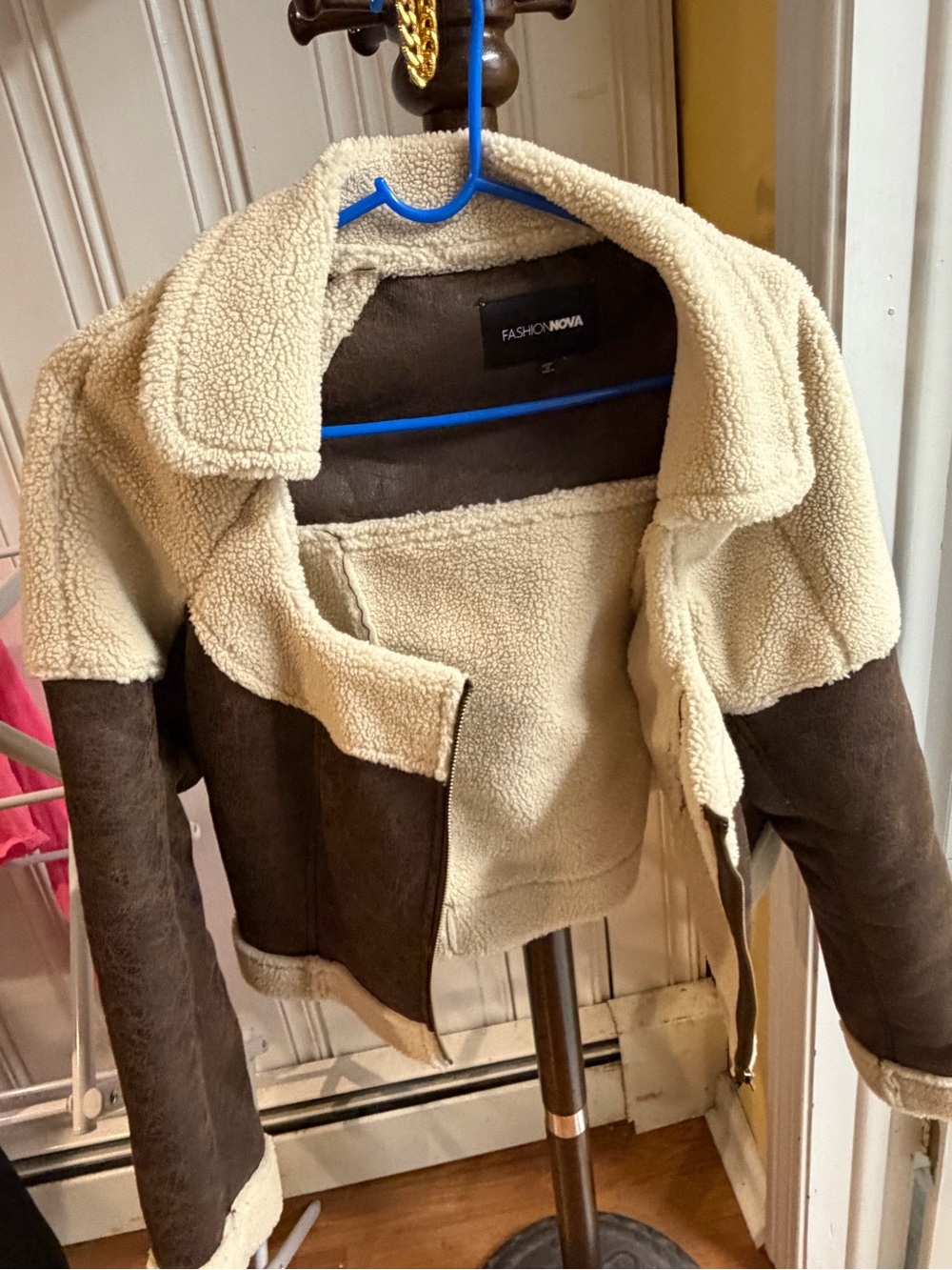 Fashion Nova Cream & Dark Brown Faux Shearling Jacket